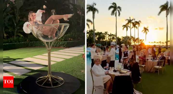 Viral video of woman in bikini dancing in giant Martini glass at Trump’s Mar-a-Lago party stirs row: ‘Full Epstein Island vibes’