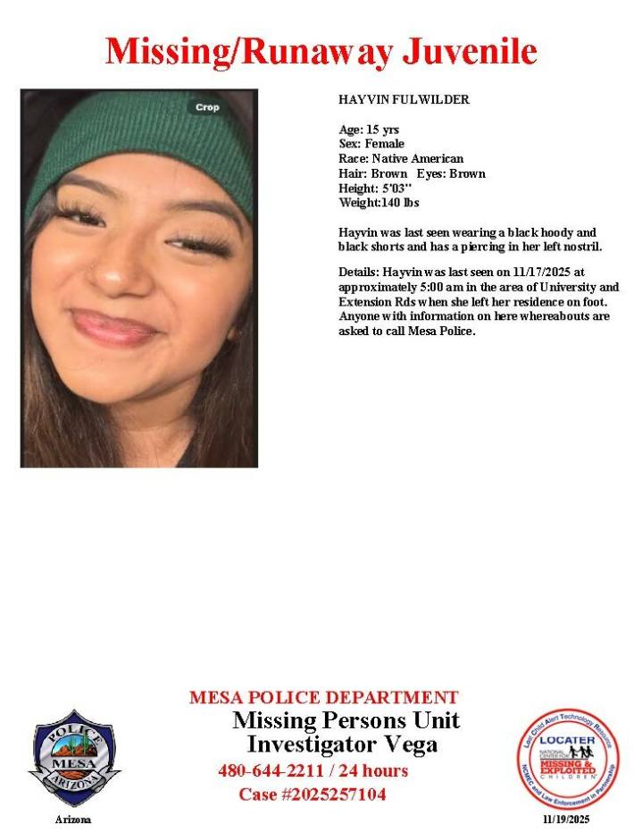 Hayvin Fulwilder, 15, missing from Mesa, police say
