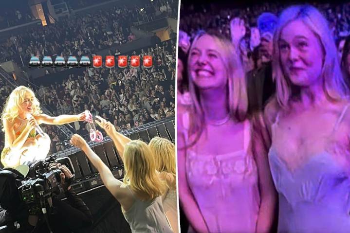 Elle and Dakota Fanning get 'arrested' in lacy lingerie looks at Sabrina Carpenter LA concert