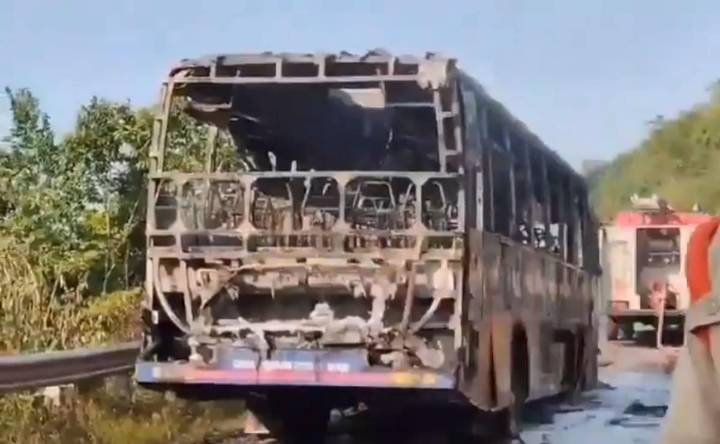 Narrow escape for passengers as RTC bus catches fire in Andhra