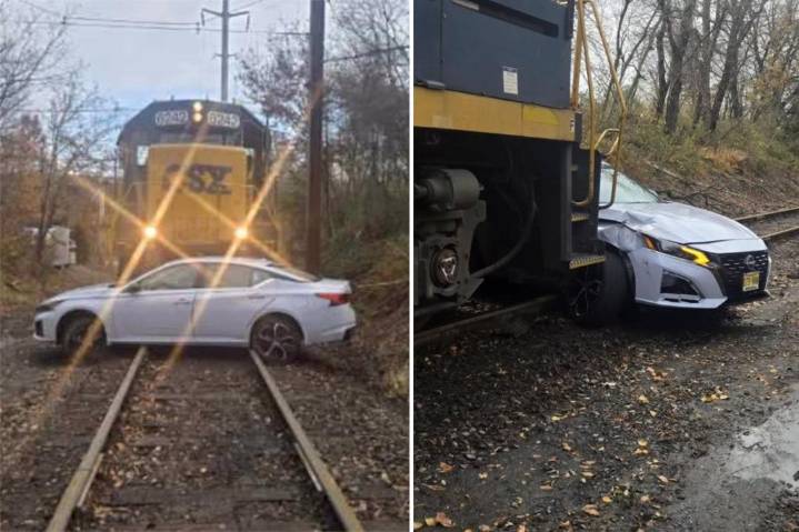 Woman's car slammed into by freight train in NJ -- yet she only suffers minor injuries