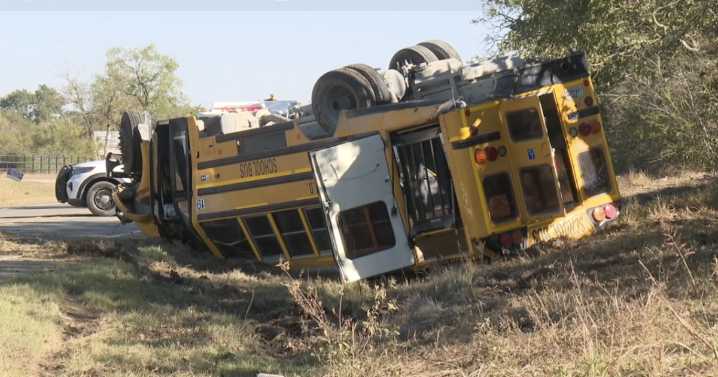 Iola ISD school bus overturns after swerving to avoid oncoming vehicle in Grimes County