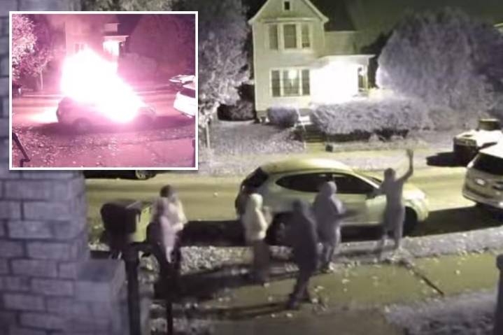 Shocking doorbell camera video captures group of teens torching car on quiet street
