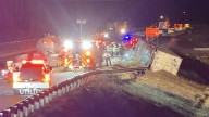 Tractor-trailer hauling fast food condiments overturns along I