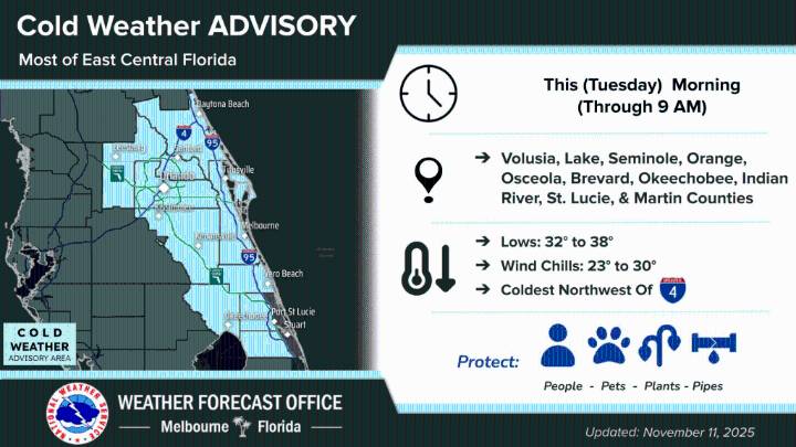 Cold weather advisory in effect, morning temperatures in the 30s