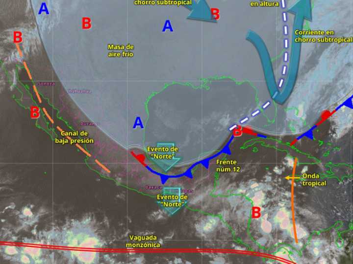 Frente frío 12 dejará ambiente muy frío y lluvias fuertes en el sureste de México: SMN