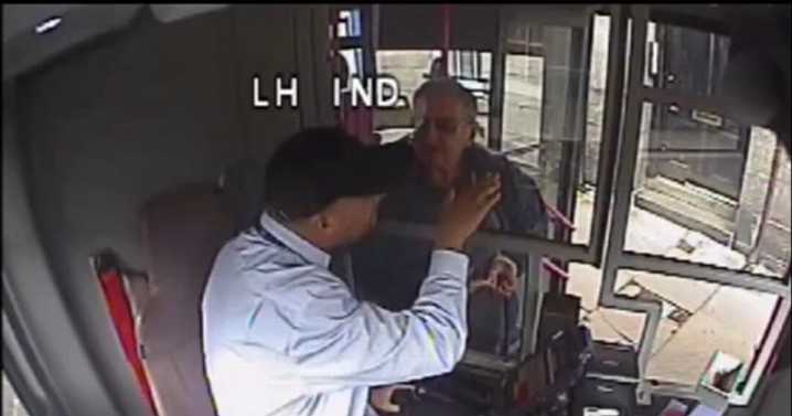 Shocking CCTV shows bus driver grab pensioner and throw him off bus