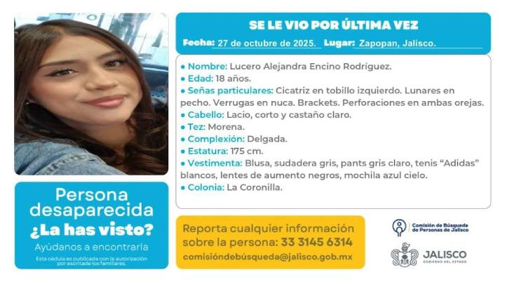 Buscan a Lucero, desapareció en Zapopan tras cita con un hombre que conoció en un videojuego