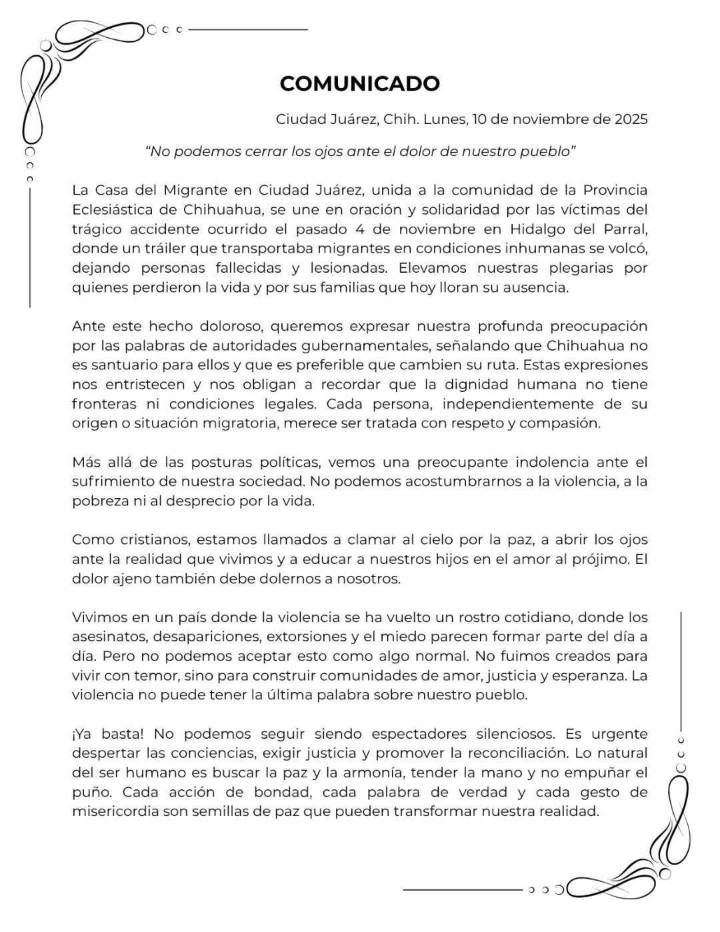 Expresa La Casa del Migrante solidaridad por accidente de migrantes en Hidalgo Parral