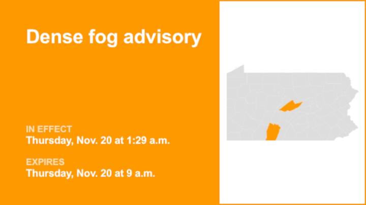 Southern Centre and Bedford County under a dense fog advisory until Thursday morning