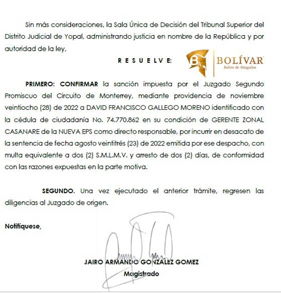 Ordenan dos días de arresto y multa a Gerente de Nueva Eps en Casanare