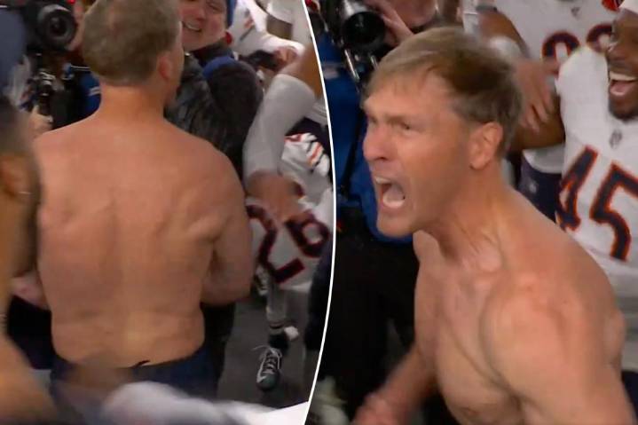 Bears coach Ben Johnson rips shirt off after victory in epic moment