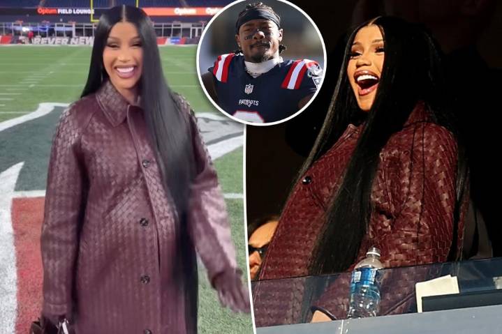 Pregnant Cardi B wears head-to-toe Bottega Veneta leather to cheer on boyfriend Stefon Diggs at her first Patriots game at Gillette Stadium