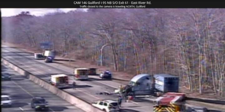 Section of I-95 south closed at Guilford/Madison line after crash involving tractor