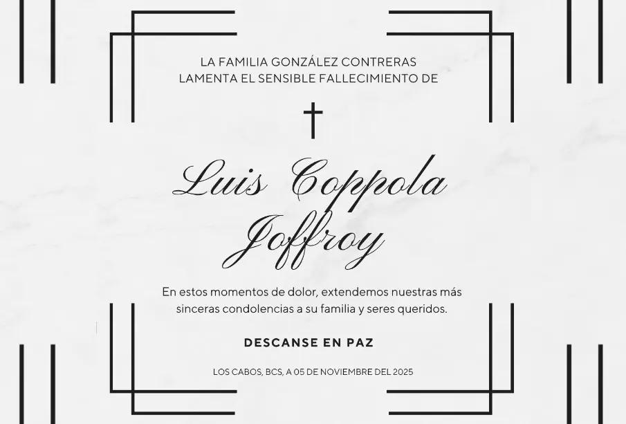 Esquela de Luis Coppola Joffroy, emitida por la familia González Contreras