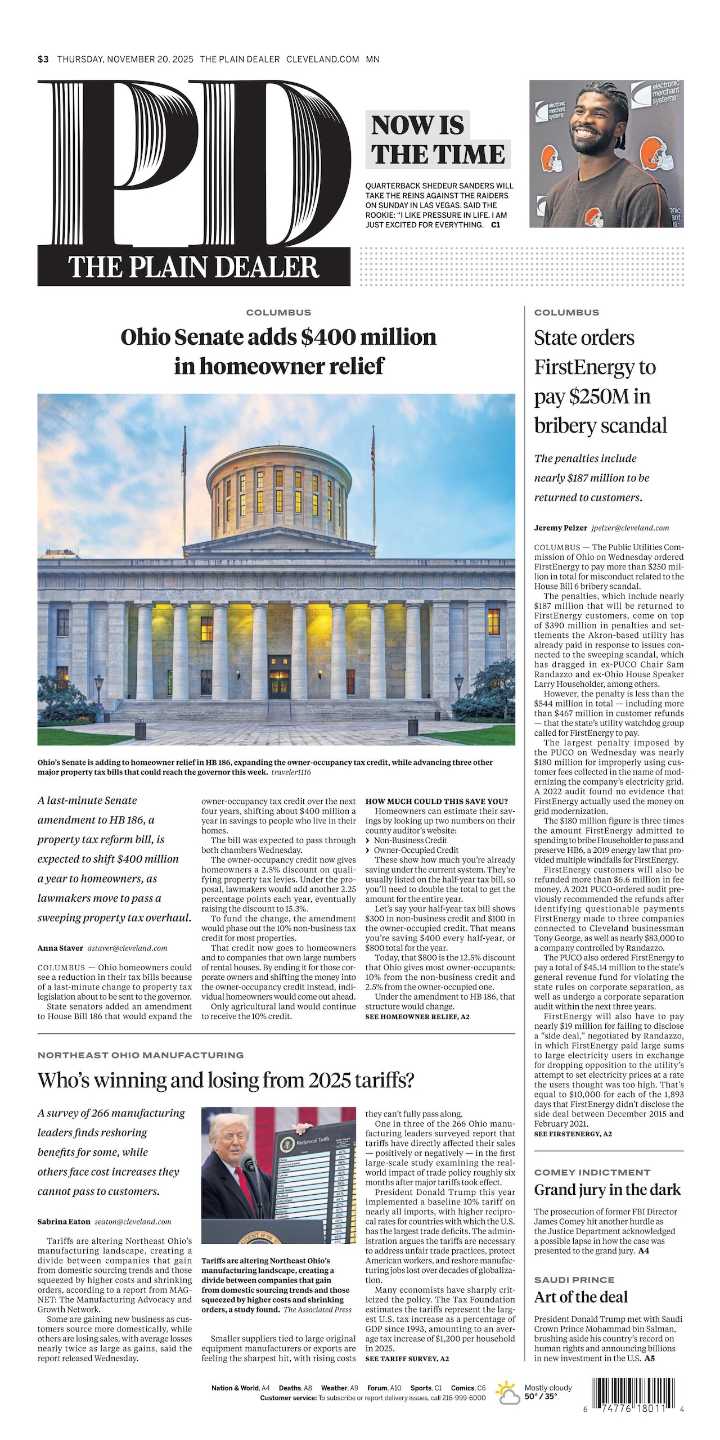 The Plain Dealer’s front page for December 20, 2025