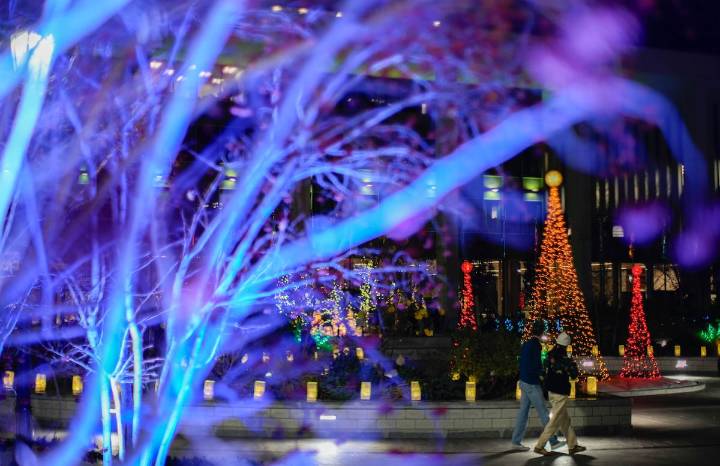 Lights go on at Temple Square in downtown Salt Lake City