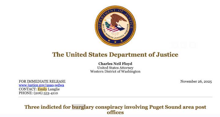 Federal Way women federally charged for post office burglaries