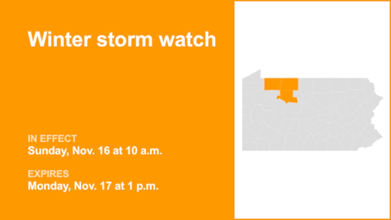 Part of Pennsylvania placed under a winter storm watch until Monday afternoon