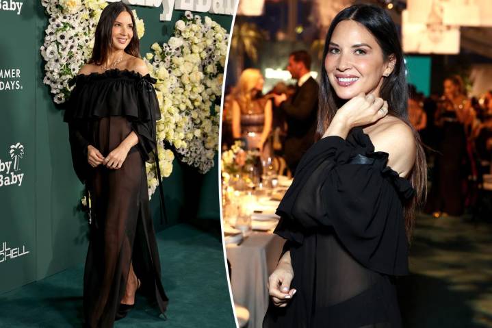 Olivia Munn wears totally sheer black off-the-shoulder Nina Ricci gown to Baby2Baby Gala in West Hollywood