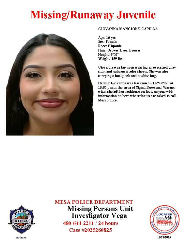 Giovanna Mangione-Capilla, 16, missing from Mesa, police say