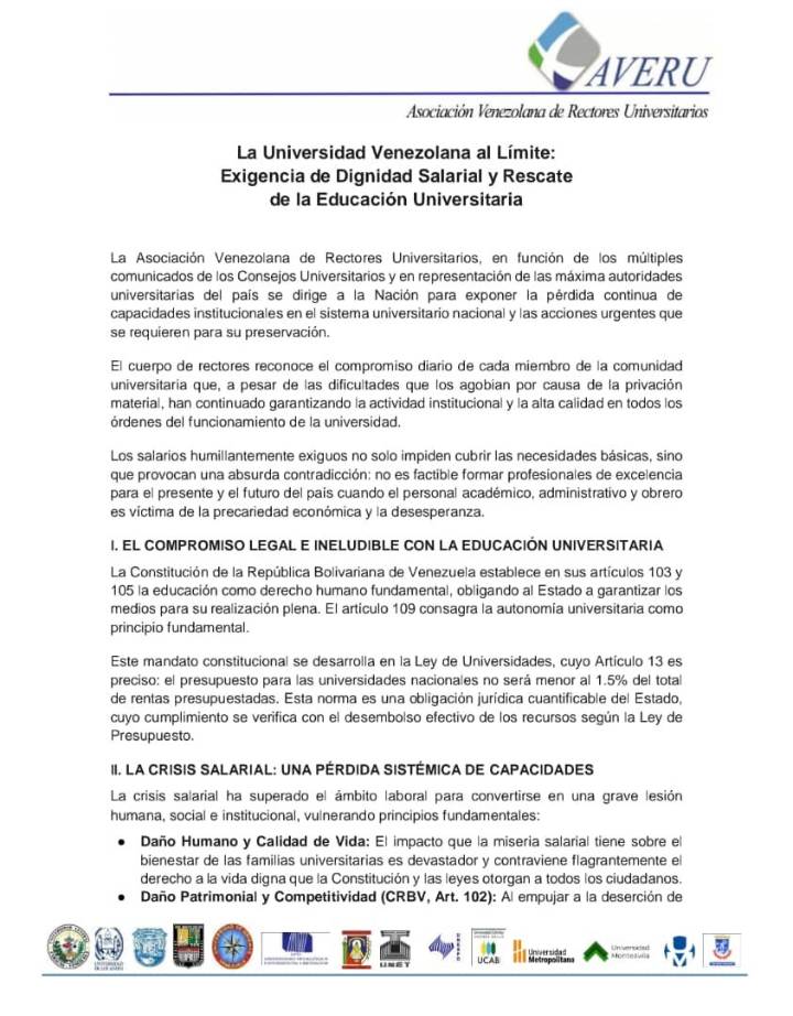 El pedido de la Asociación Venezolana de Rectores Universitarios a las autoridades en medio de exigencias de ajuste salarial