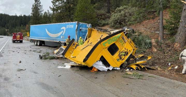 Several Interstate 80 lanes closed near Alta due to big rig crash, oil spill