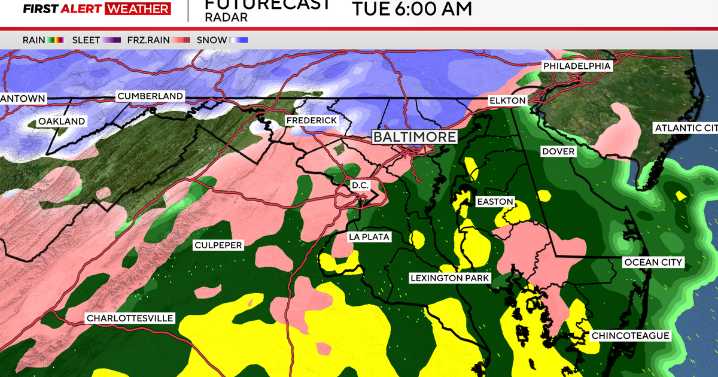 Rain and snow in Maryland could impact Tuesday morning's commute. Here's what to expect.