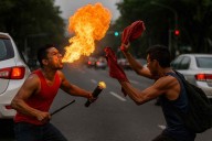 ‘Épica batalla’ en México entre un tragafuegos y un limpiaparabrisas