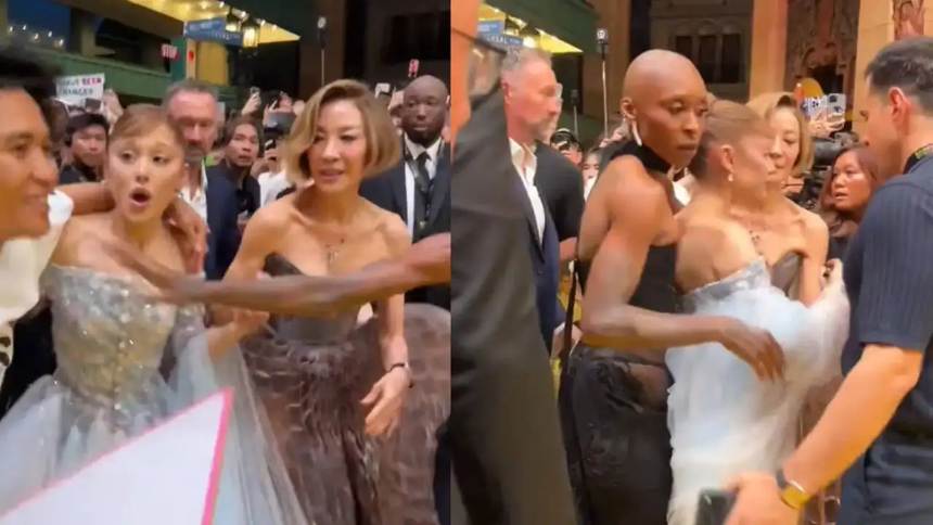 ¡Escándalo en la alfombra roja! Ariana Grande vivió un momento incómodo en la premier de Wicked cuando un fan la sorprendió.