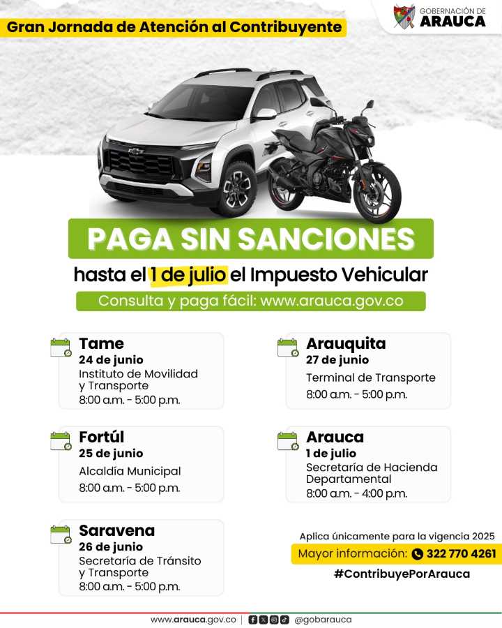 Hasta el 1ro de julio hay Plazo para pagar impuesto vehicular en Arauca