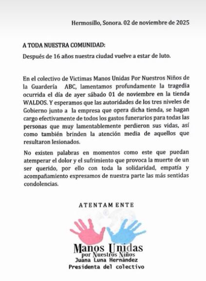 Deudos de la Guardería ABC se solidariza con familiares de víctimas del incendio en Waldos