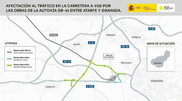 La A-92G permanecerá cerrada de noche entre los km 7 y 8,8 por trabajos de mejora