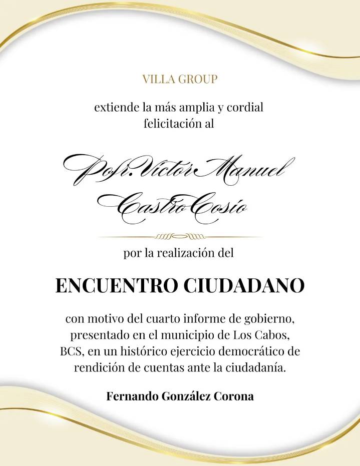 Villa Group felicita a Víctor Manuel Castro Cosío por su 4to Informe de Gobierno de BCS