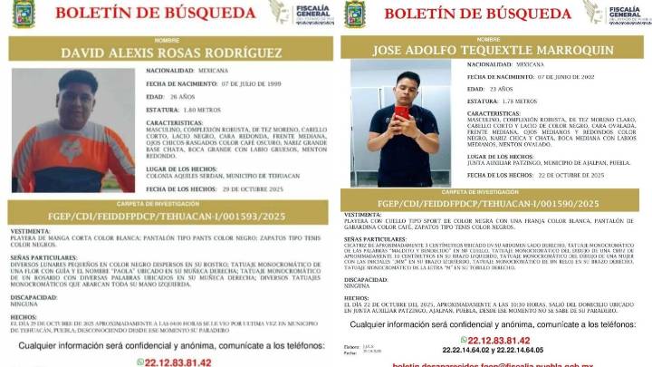 Buscan a dos jóvenes desaparecidos el mes pasado en Ajalpan y Tehuacán