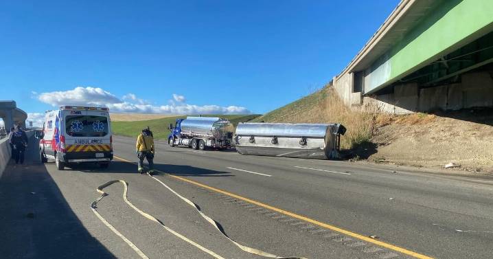 Overturned tanker shuts down I-205 west of Tracy near Alameda County line