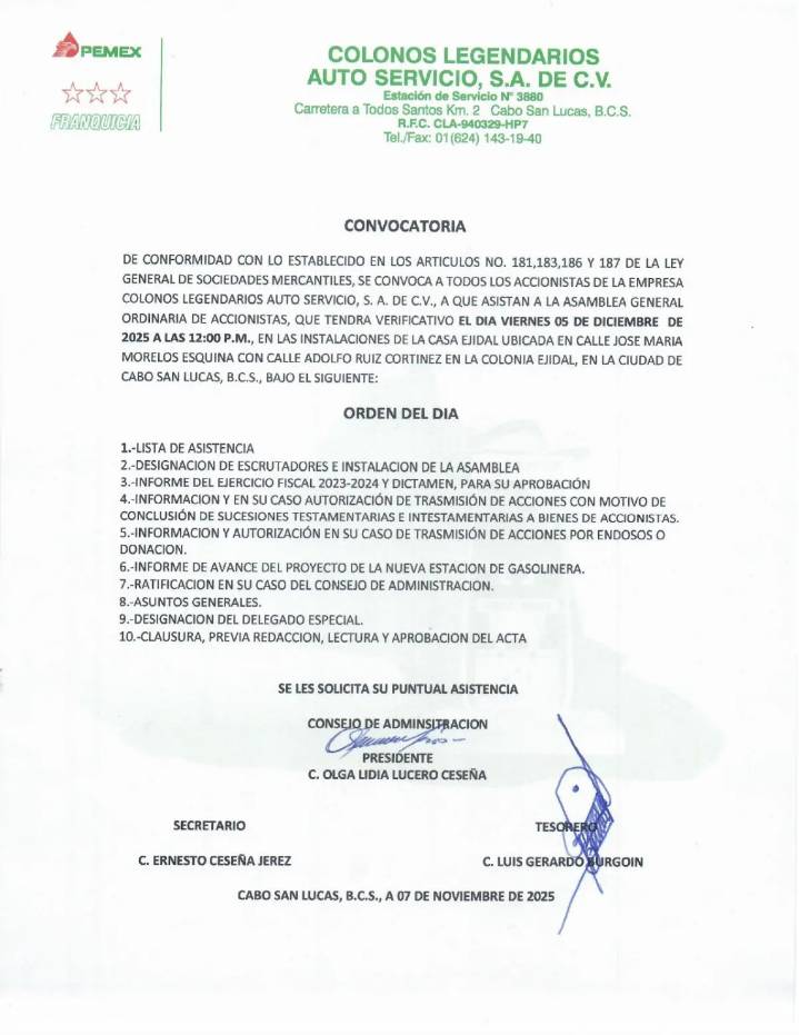 Convocatoria Colonos Legendarios Auto Servicio S.A. de C.V.