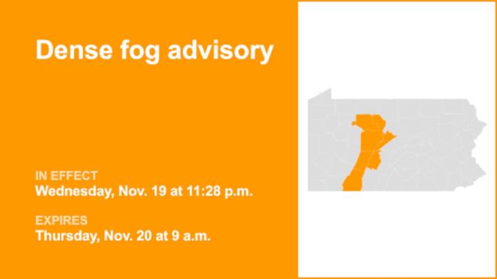 Dense fog advisory active for Central Pa. until Thursday morning