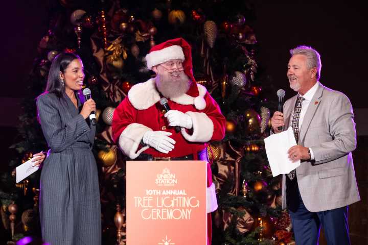 Singers, Santa and toy soldiers on stilts mark 10th annual tree lighting at Union Station