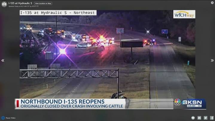 Cattle truck overturns on I-135 in south Wichita