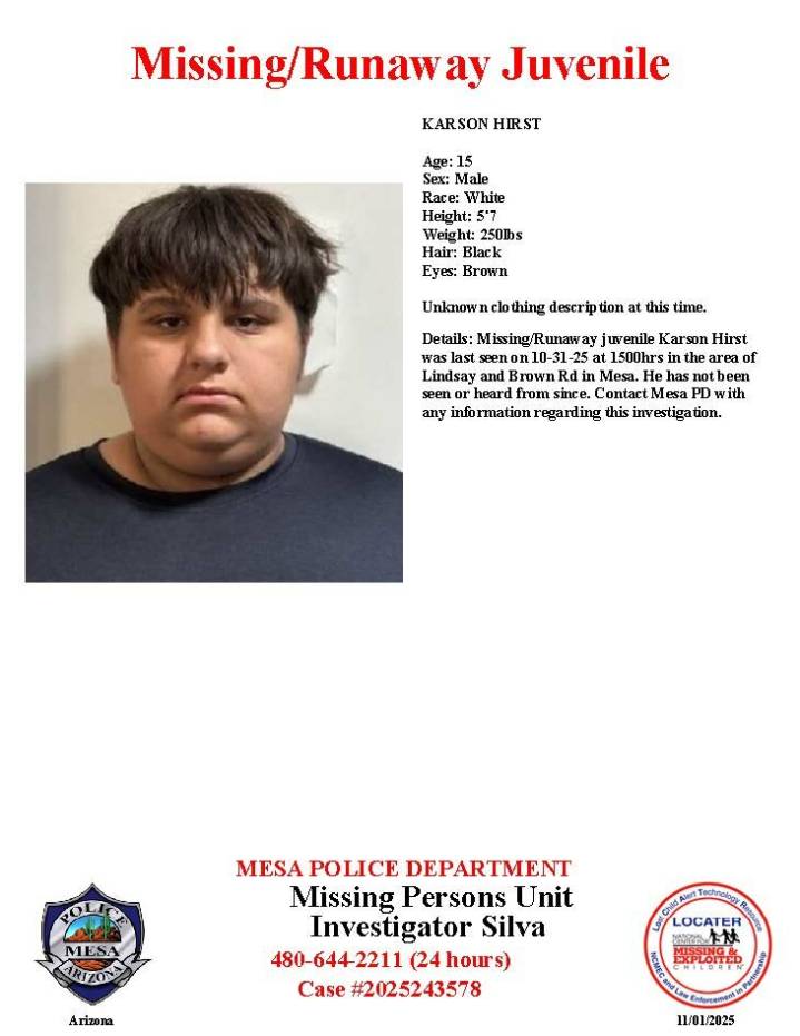 Karson Hirst, 15, missing from Mesa, police say
