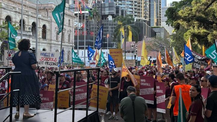 ‘We’re in it for the fight’: State school teachers rally outside Parliament