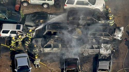 Multiple cars catch fire at auto body shop Philadelphia's Fox Chase section.