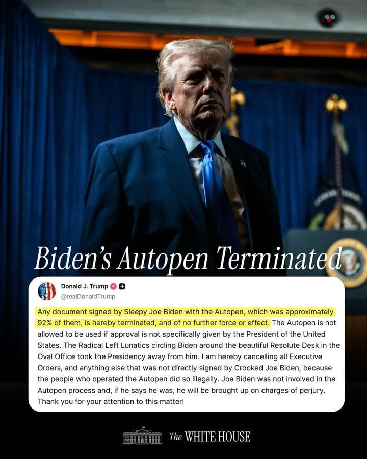 Trump declares Biden-era autopen documents void, cancels all prior executive actions