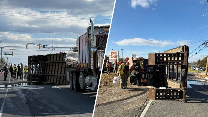 Equipment spilled onto Route 42 after trailer overturns in NJ