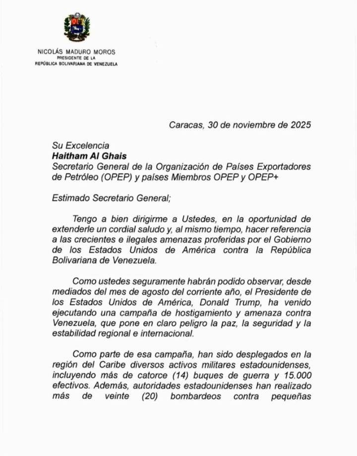 Venezuela denuncia ante la Opep amenazas de EEUU