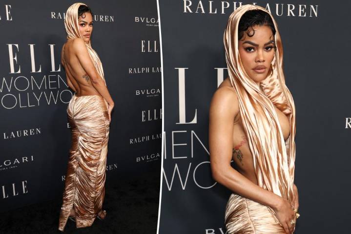 Teyana Taylor wears a gold Balmain hood attached to a skirt for the 2025 Elle Women in Hollywood Event