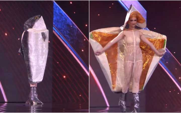 Miss Noruega se vuelve viral con su traje típico en forma de salmón