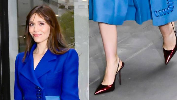 Elizabeth Olsen Sharpens a Blue Suit With Metallic Paris Texas Pumps