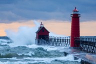Watch as large waves pummel Great Lakes lighthouses